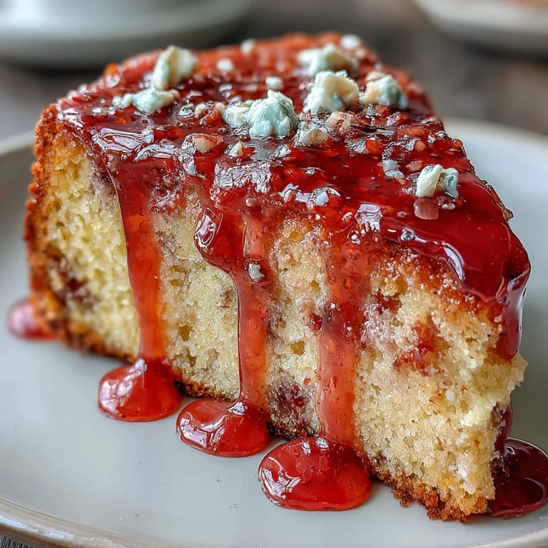 Moist, gluten-free Blood Orange Polenta Cake ready to be sliced, topped with glaze.