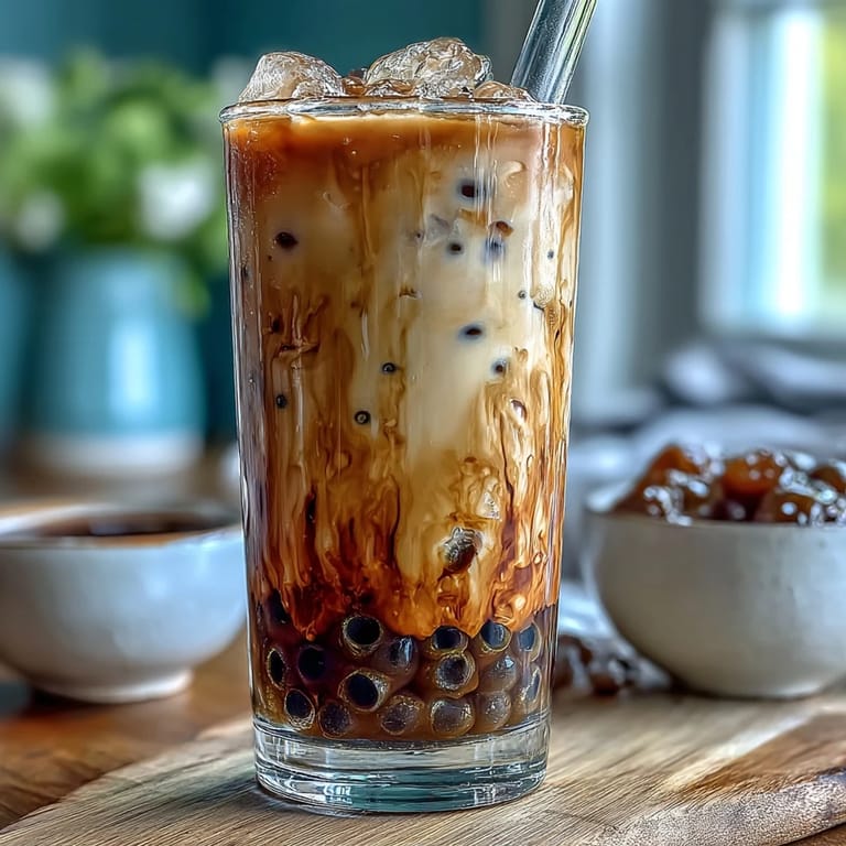 Homemade brown sugar boba milk tea, a sweet, comforting Taiwanese beverage treat.