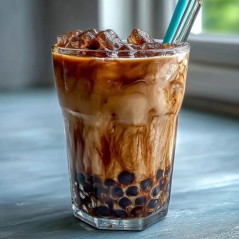 Rich brown sugar boba milk tea with swirls of dark syrup and tapioca.