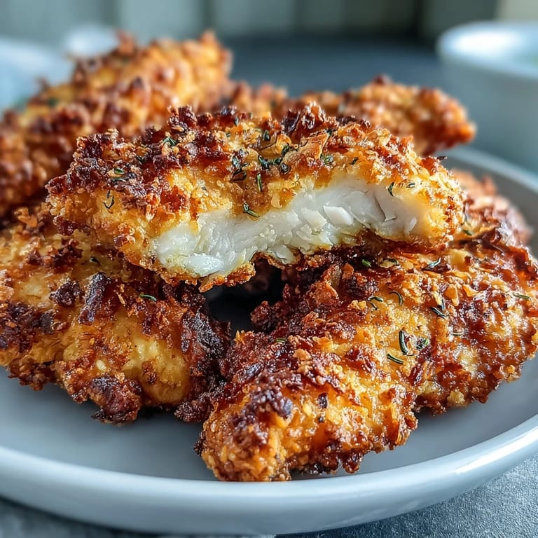 Tender Pickle Brine Chicken Tenders coated in seasoned breadcrumbs, hot from the fryer.