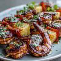 Grilled shrimp and pineapple skewers with cilantro lime, featuring juicy marinated shrimp and sweet pineapple chunks, grilled to perfection for a vibrant summer meal.