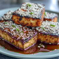 Golden sesame-crusted tofu steaks sizzling in a skillet, coated with black and white sesame seeds for a crunchy, savory vegan main dish.  