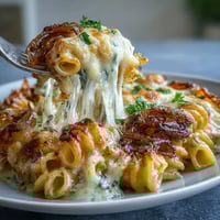 A bubbling French onion soup pasta bake topped with melted Gruyère and crispy caramelized onions.  