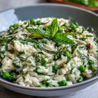 Creamy pea and mint risotto with Parmesan, a vibrant spring dish perfect for dinner parties.