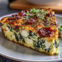 Fluffy spinach and feta frittata loaded with tangy sun-dried tomatoes and savory herbs, baked to golden perfection for a satisfying brunch.