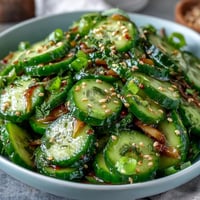 Crisp Asian cucumber salad with sesame and rice vinegar dressing, garnished with toasted sesame seeds and green onions. Refreshing vegan side dish for summer meals.
