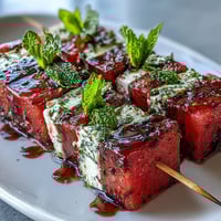 Juicy watermelon cubes, creamy feta, and fresh mint on skewers for a refreshing summer appetizer.  