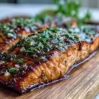 Cedar Plank Salmon with Garlic Dill, smoky and tender, grilled on aromatic cedar with fresh herbs and lemon zest.
