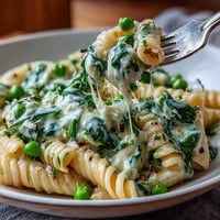 Creamy one-pot lemon ricotta pasta with peas and spinach, garnished with fresh basil and lemon zest.  