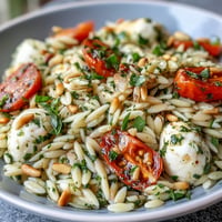 Vibrant Cold Pesto Orzo Salad with bright tomatoes and mozzarella awaiting a delicious meal.