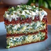 Savory Pickle Cake with tangy dill frosting, a unique appetizer centerpiece.