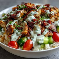 A colorful Middle Eastern Shawarma Bowl piled high with vibrant toppings.